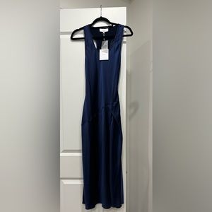Navy satin long dress with slit